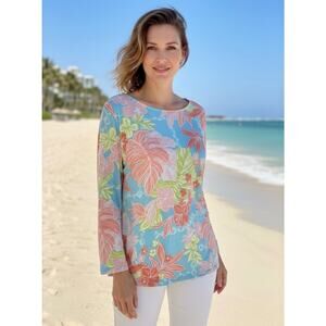 Ruby Rd. Vibrant Floral Long Sleeve Top blouse beachy vacation party siren sz M